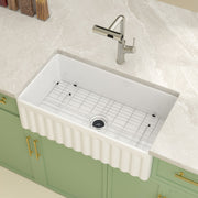 Kichae 33'' x 18'' Reversible White Fireclay Farmhouse Kitchen Sink, Single Bowl Apron Front Sink with Basin Rack & Drain Assembly Kichae USA