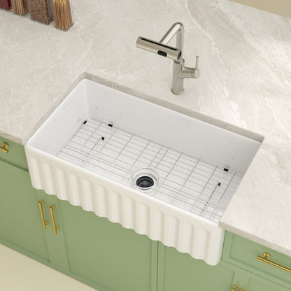 Kichae 33'' x 18'' Reversible White Fireclay Farmhouse Kitchen Sink, Single Bowl Apron Front Sink with Basin Rack & Drain Assembly