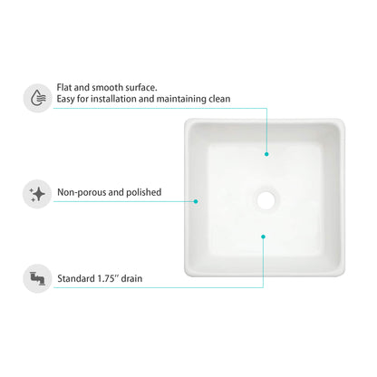 Kichae 15in x 15in x 5.5in Modern Square Above Counter White Ceramic Bathroom Vessel Vanity Sink Art Basin