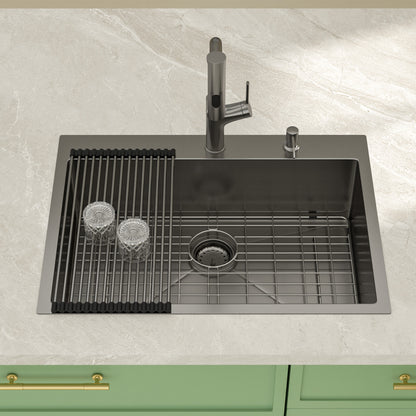 Kichae 30 Inch Gunmetal Black Drop In Workstation Kitchen Sink 16 Gauge Stainless Steel 30x22 Single Bowl Sink with Pull Out Faucet & Accessories