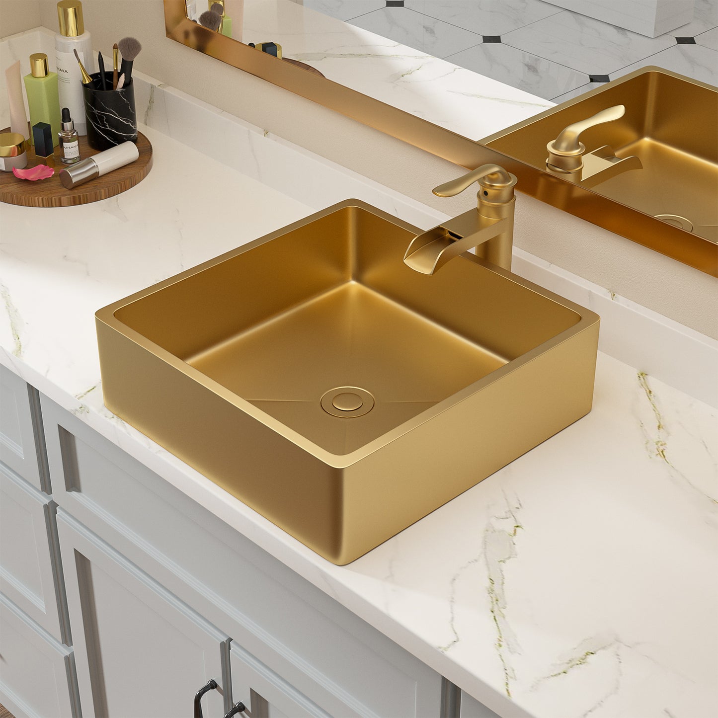 Kichae Stainless Steel Gold Vessel Sink Rectangular 15in x 15in Bathroom Vanity Sink Rectangular Above Couter Art Basin