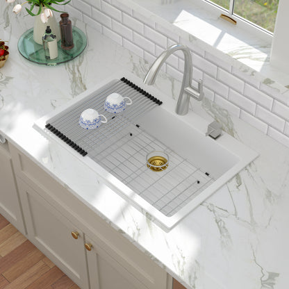 Kichae 33" x 22" White Quartz Drop-In Kitchen Sink, Single Bowl Quartz Kitchen Sink with Accessories