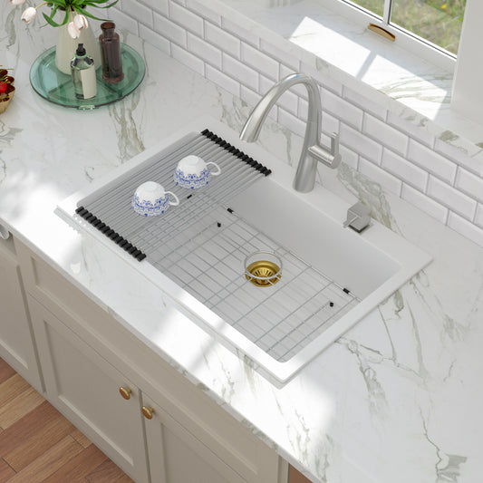 Kichae 33" x 22" White Quartz Drop-In Kitchen Sink, Single Bowl Quartz Kitchen Sink with Accessories