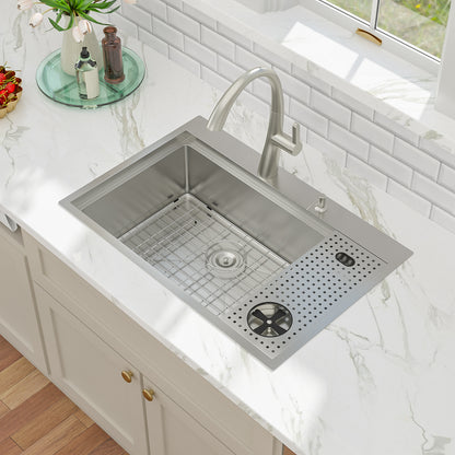 33in  Drop In Kitchen Sink Workstation with Cup Washer-Kichae 33x22 Inch Drop In Kitchen Sink Stainless Steel Workstation Sinks 16 Gauge Single Bowl Kitchen Sink with Glass Rinser with Cutting Board