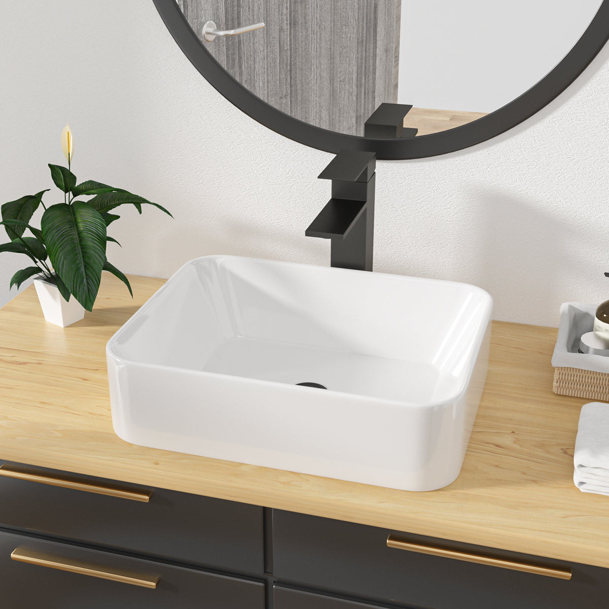 Kichae 19x15 Inch White Ceramic Rectangular Vessel Bathroom Sink Above Counter Vanity Basin