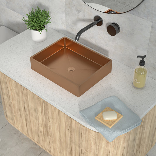 Kichae 19 x 15 Inch Vessel Sink, Rose Gold Stainless Steel Above Counter Rectangular Basin with Pop Up Drain