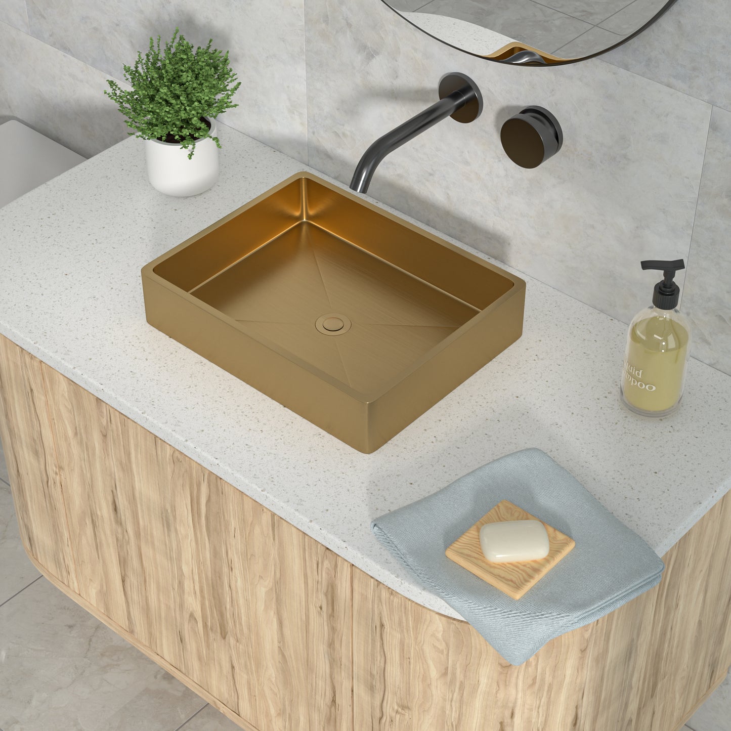 19in L X 15in W Stainless Steel Rectangular Bathroom Sink Above Couter Art Basin with Pop Up Drain-Brushed Gold