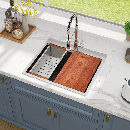 Kichae 25 Inch Drop In Workstation Kitchen Sink 25×22 Inch 16 Gauge T304 Stainless Steel Single Bowl Sink with Full Workstation Accessories