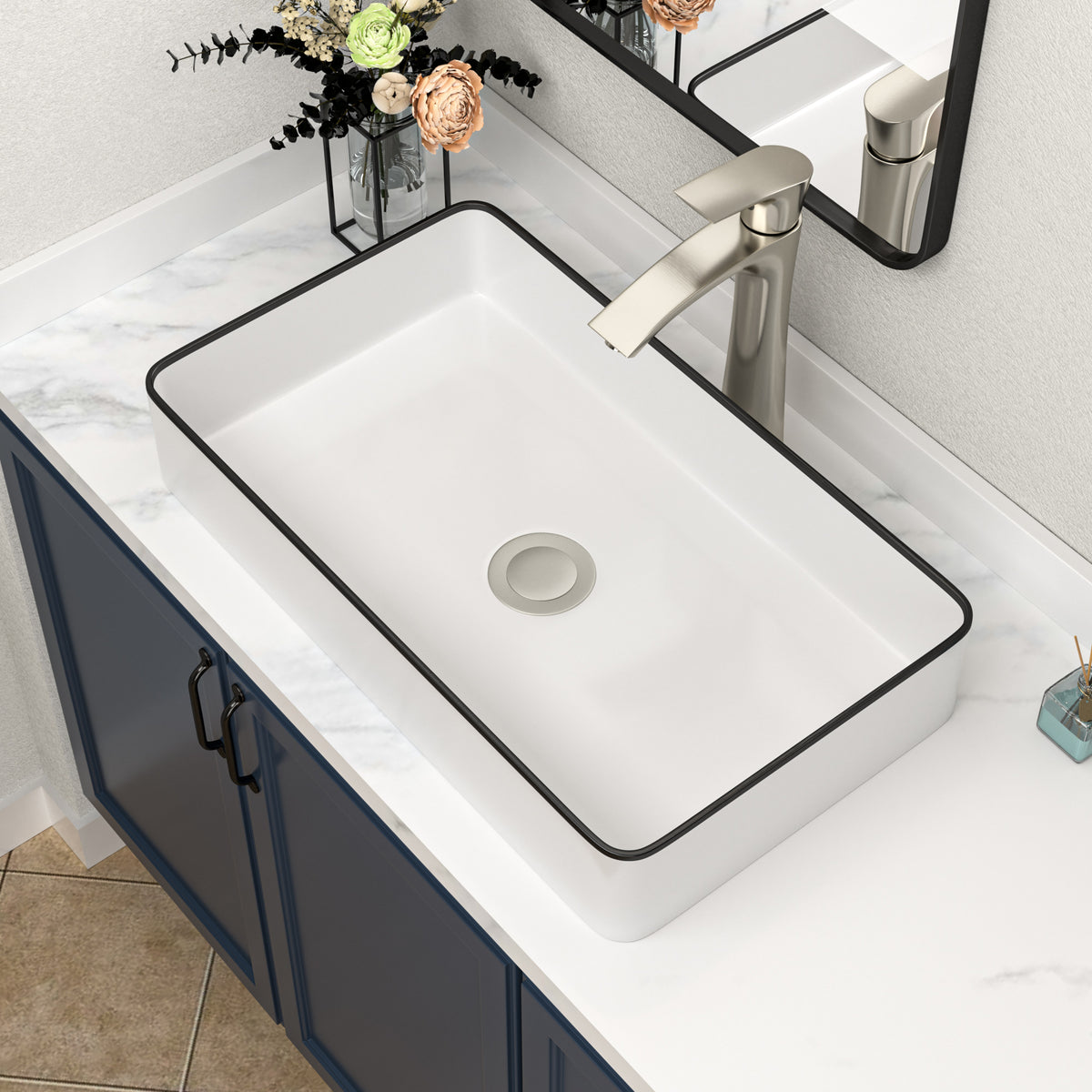 Kichae 24" x 14" White Rectangular Vessel Bathroom Sink with Black Rim, Above Counter Ceramic Vanity Sink