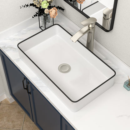 Kichae 24" x 14" White Rectangular Vessel Bathroom Sink with Black Rim, Above Counter Ceramic Vanity Sink