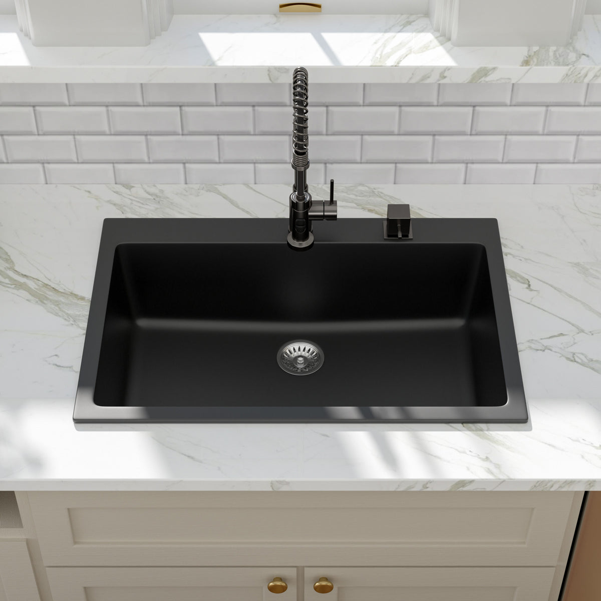 Kichae 33" x 22" Black Quartz Drop-In Single Bowl Kitchen Sink with Full Accessories