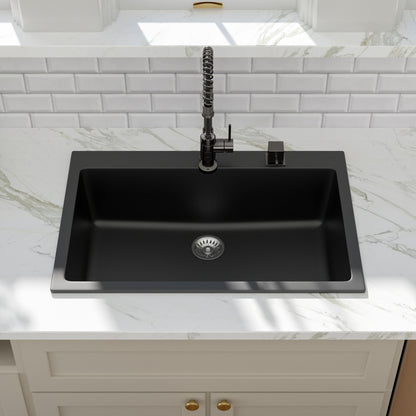 Kichae 33" x 22" Black Quartz Drop-In Single Bowl Kitchen Sink with Full Accessories