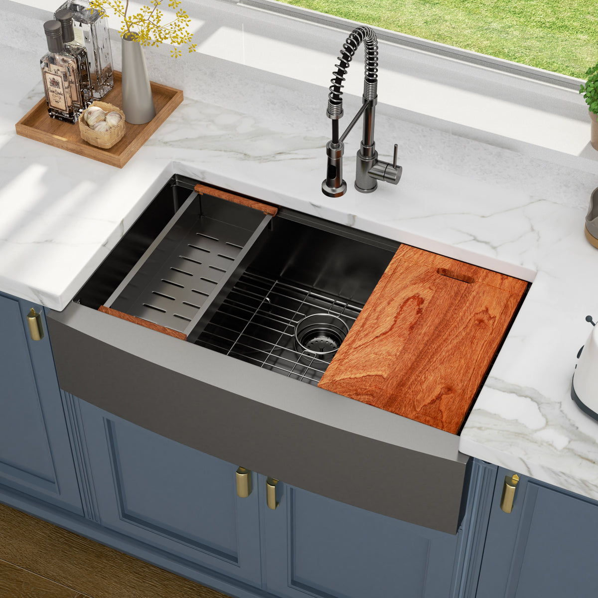 Kichae 36 x 22 Inch Kitchen Sink Farmhouse Workstation Black Stainless Steel with Accessories