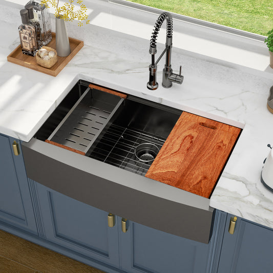 Kichae 36 x 22 Inch Kitchen Sink Farmhouse Workstation Black Stainless Steel with Accessories