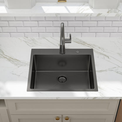 Kichae 25 Inch Gunmetal Black Drop In Top Mount Kitchen Sink 25×22 Inch 16 Gauge T304 Stainless Steel Single Bowl Sink with Accessories