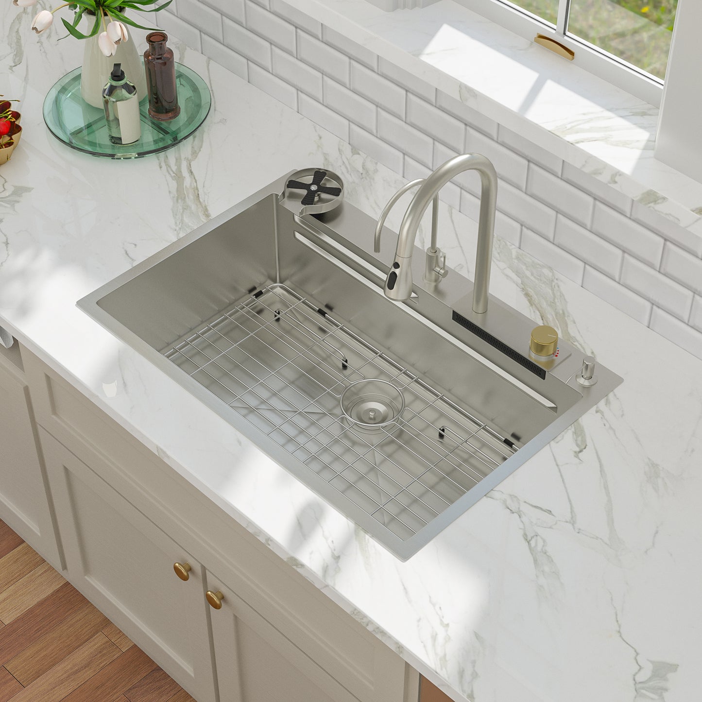 Kichae 33in  Drop In Kitchen Sink Waterfall Stainless Steel Sink Single Bowl 16 Gauge Workstation Sink Topmount Kitchen Sink With Faucet Combo And Cup Washer