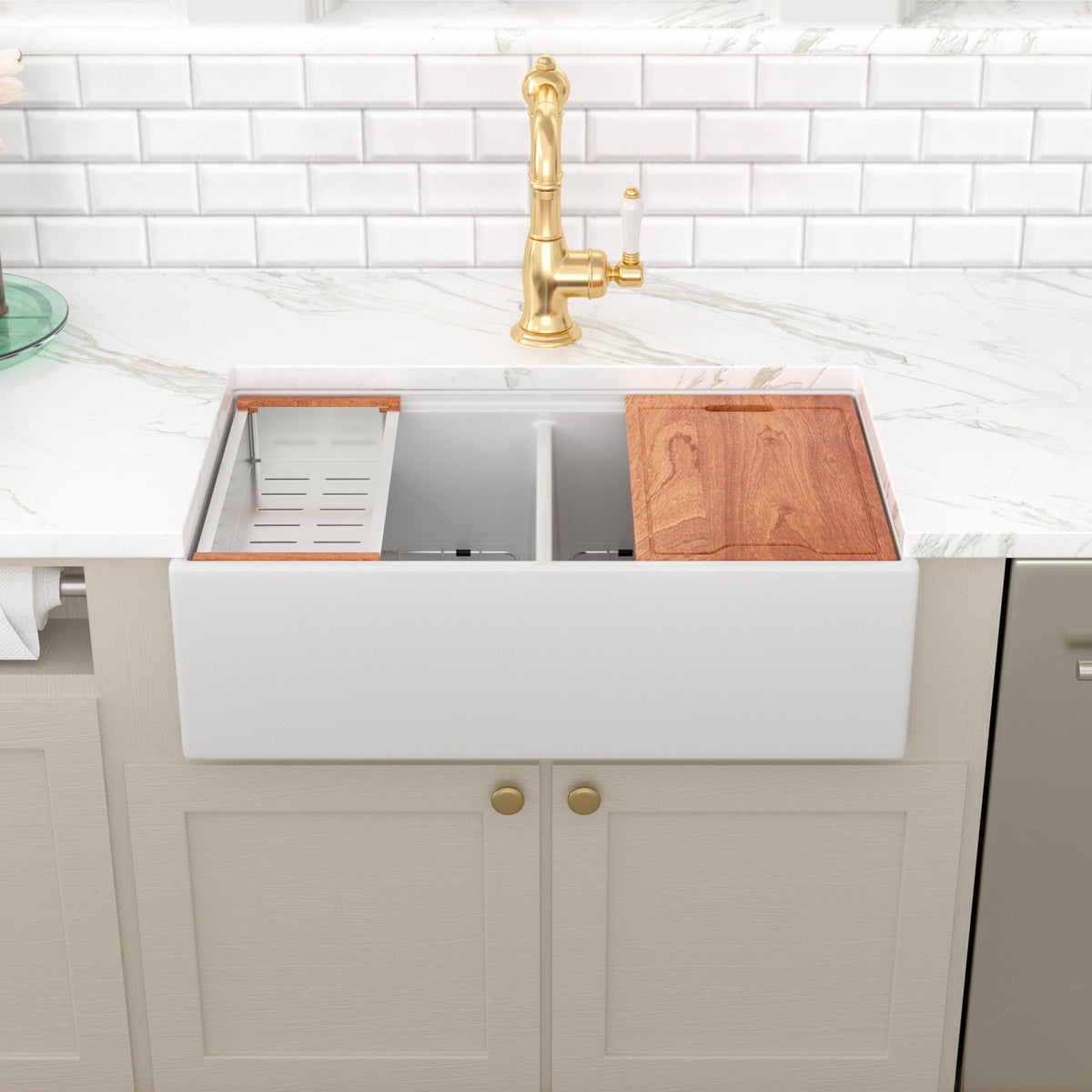 Kichae 33 Inch White Fireclay Farmhouse Workstation Sink Double Bowl Apron Front Kitchen Sink with Full Accessories Kichae USA
