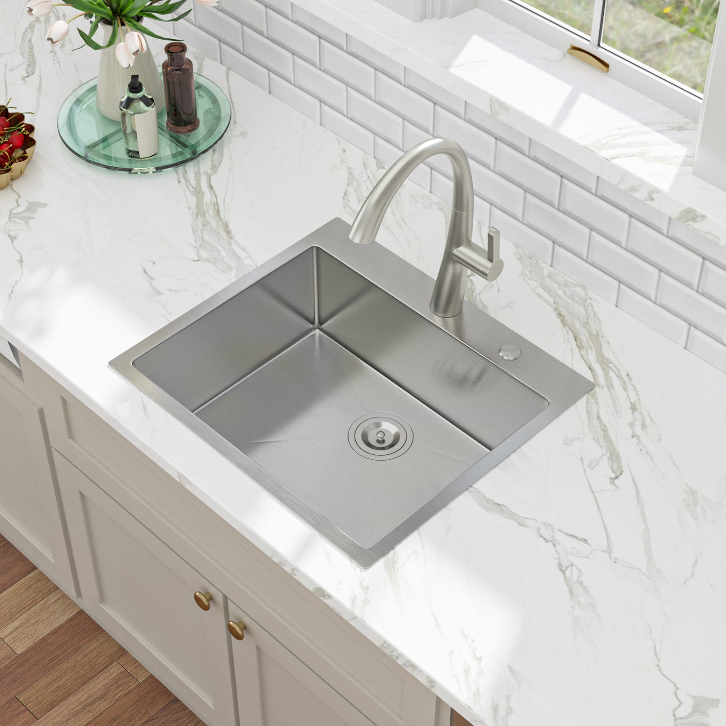 Kichae 25 Inch Drop In Kitchen Sink 25×22 Inch T304 Stainless Steel 16 Gauge Single Bowl Sink with Drain Assembly