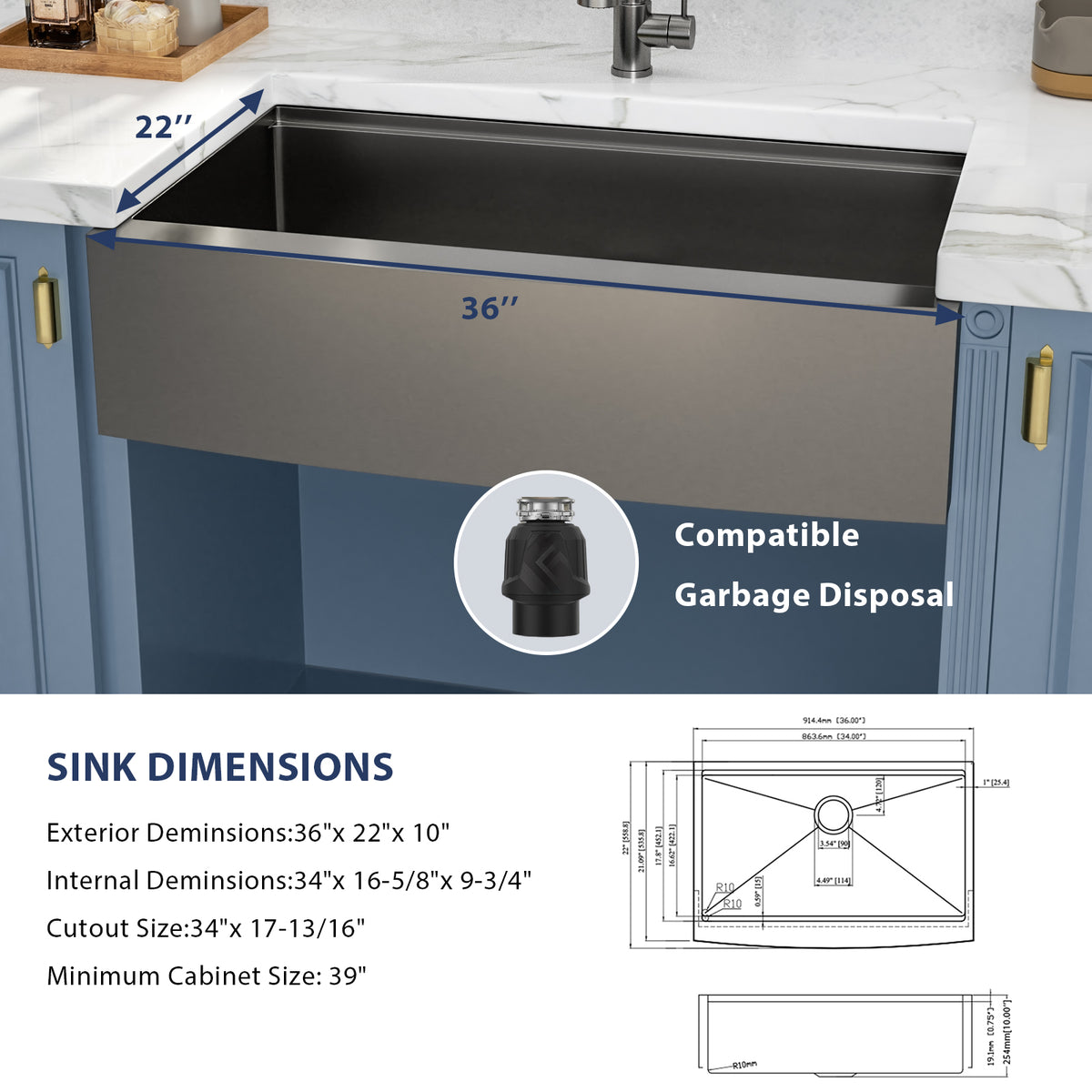 Kichae 36 x 22 Inch Kitchen Sink Farmhouse Workstation Black Stainless Steel with Accessories