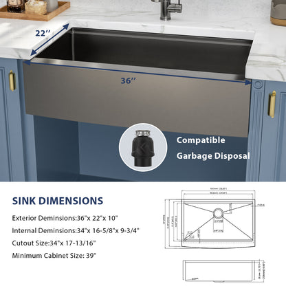 Kichae 36 x 22 Inch Kitchen Sink Farmhouse Workstation Black Stainless Steel with Accessories