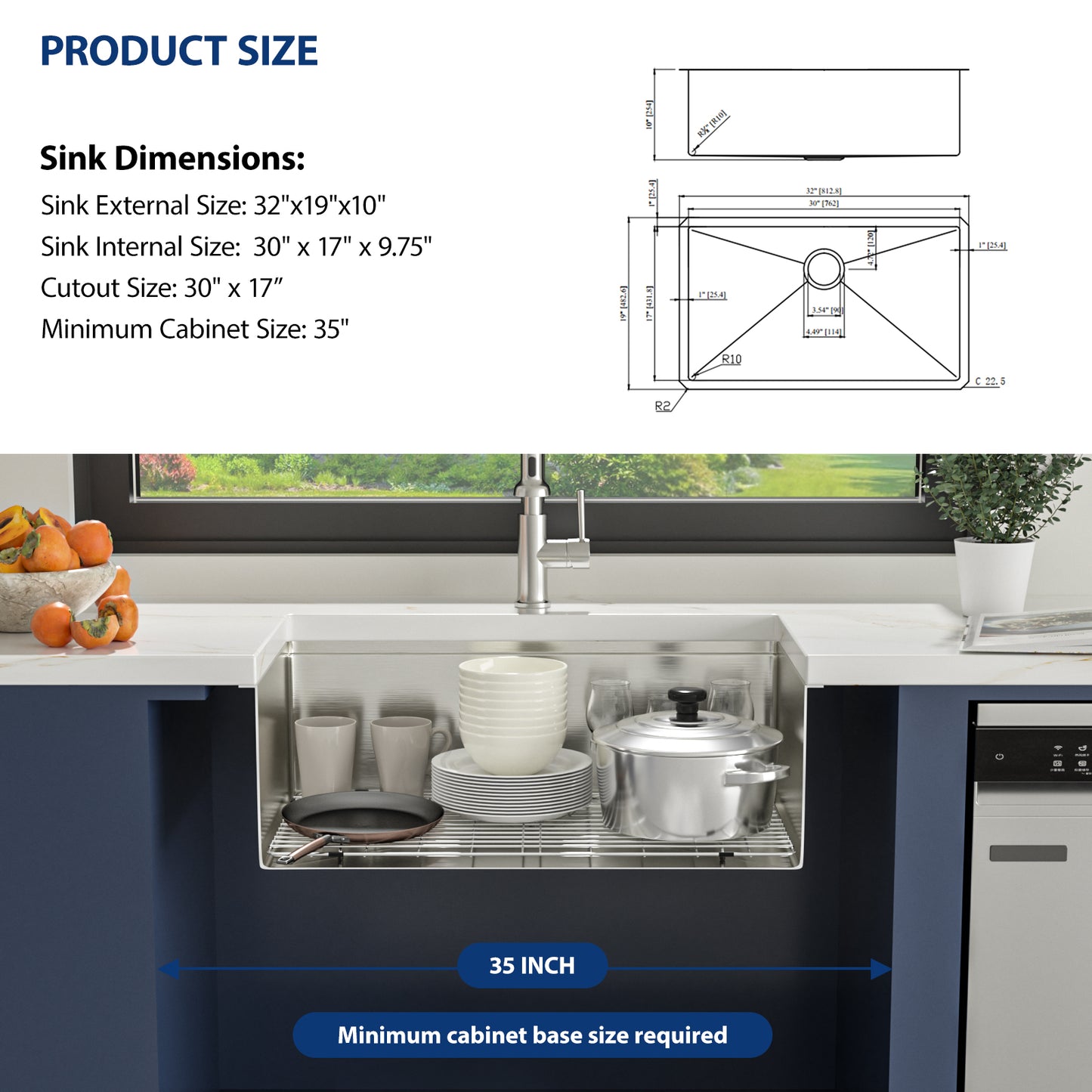 Kichae 32 Inch Undermount Workstation Kitchen Sink 16‑Gauge Stainless Steel Single Bowl Sink with Cutting Board and Colander