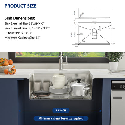 Kichae 32 Inch Undermount Workstation Kitchen Sink 16‑Gauge Stainless Steel Single Bowl Sink with Cutting Board and Colander