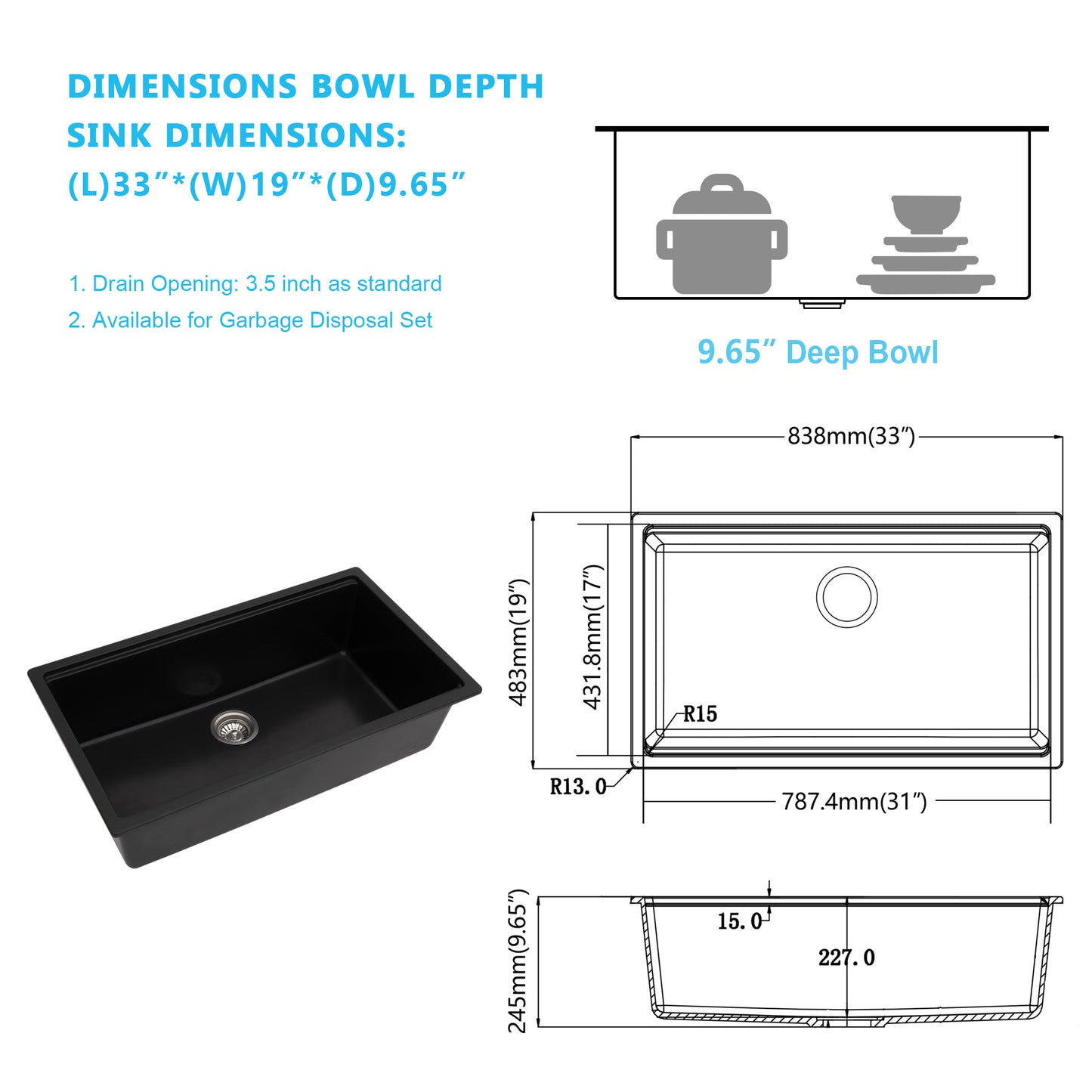 Kichae 33 Inch Black Quartz Kitchen Sink 33x19 Single Bowl Composite Granite Sink with Accessories