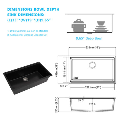 Kichae 33 Inch Black Quartz Kitchen Sink 33x19 Single Bowl Composite Granite Sink with Accessories