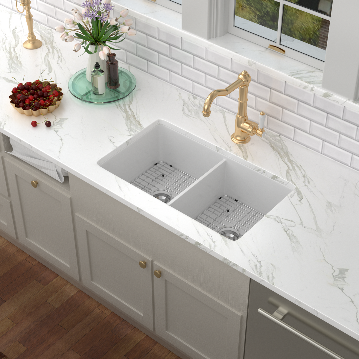 Kichae 32 Inch White Fireclay Dual Mount Kitchen Sink 50/50 Double Bowl Basin