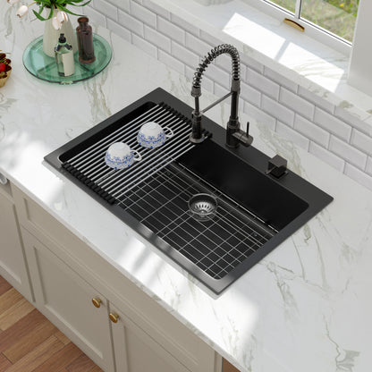 Kichae 33" x 22" Black Quartz Drop-In Single Bowl Kitchen Sink with Full Accessories