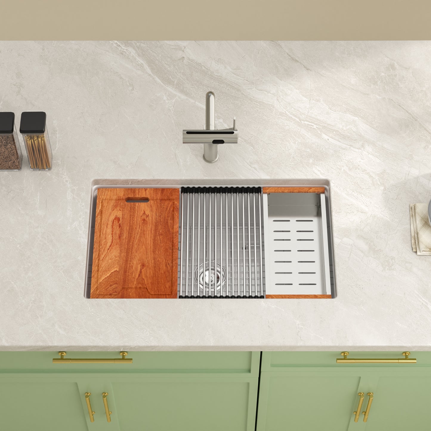 Kichae 33" x 19" White Fireclay Undermount Workstation Kitchen Sink Single Bowl Sink with Full Accessories