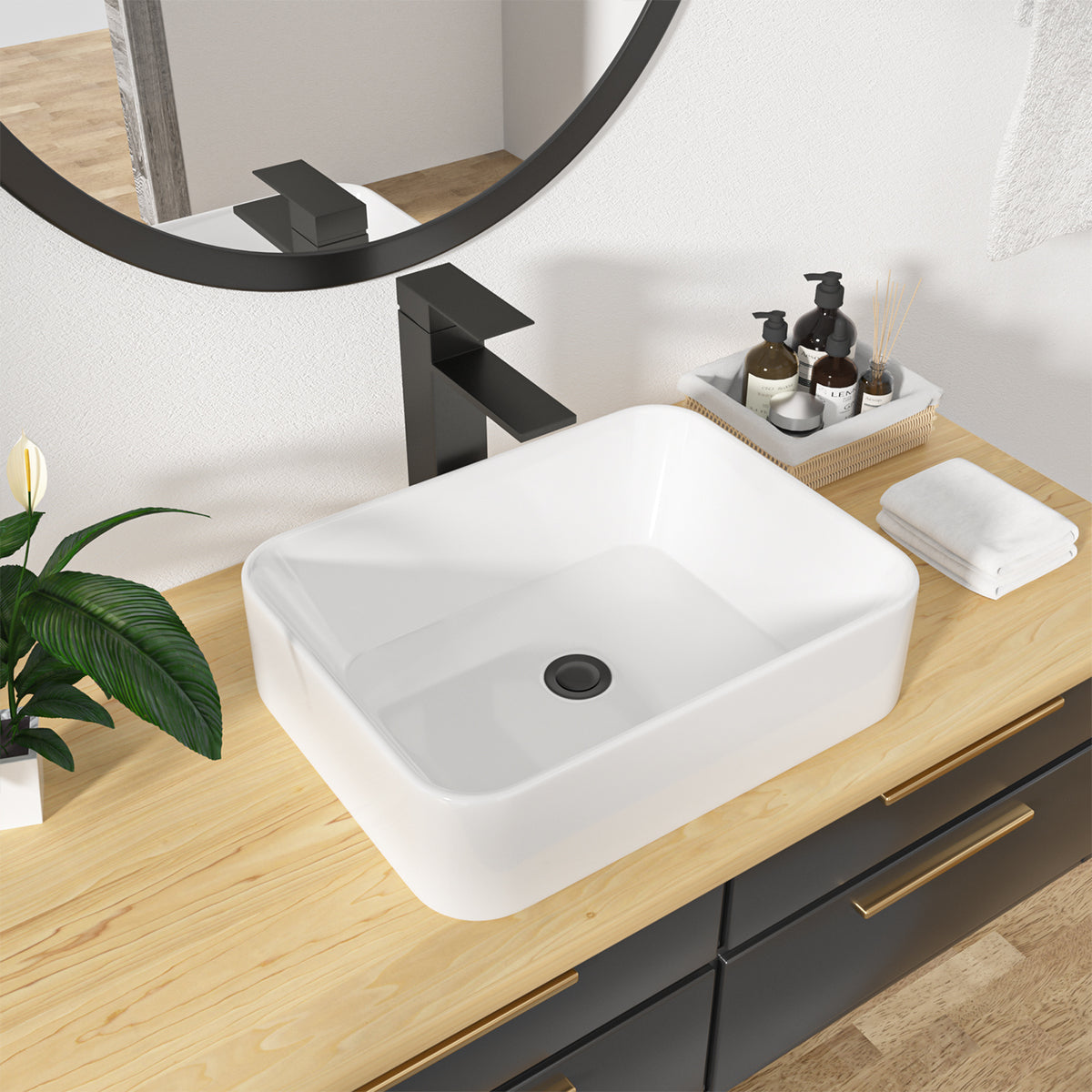 Kichae 19x15 Inch White Ceramic Rectangular Vessel Bathroom Sink Above Counter Vanity Basin