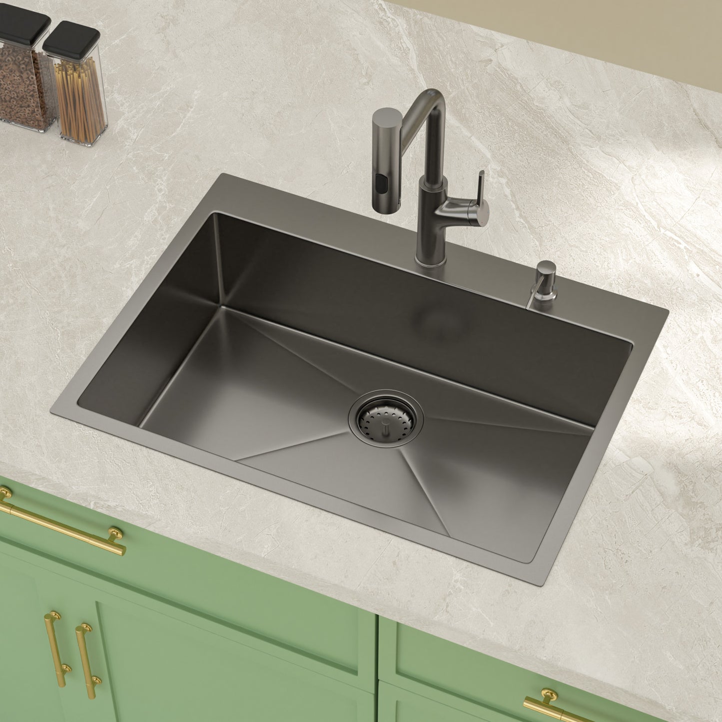 Kichae 30 Inch Gunmetal Black Drop In Workstation Kitchen Sink 16 Gauge Stainless Steel 30x22 Single Bowl Sink with Pull Out Faucet & Accessories