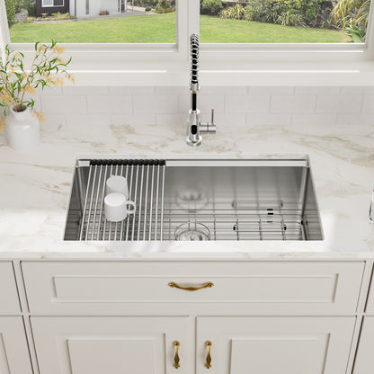 Kichae 32 Inch Undermount Workstation Kitchen Sink 16‑Gauge Stainless Steel Single Bowl Sink with Cutting Board and Colander