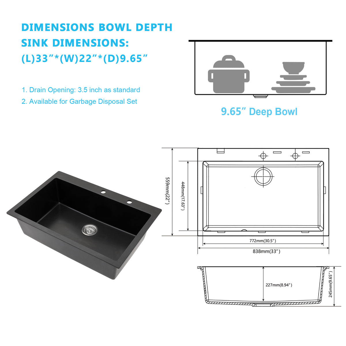 Kichae 33" x 22" Black Quartz Drop-In Single Bowl Kitchen Sink with Full Accessories
