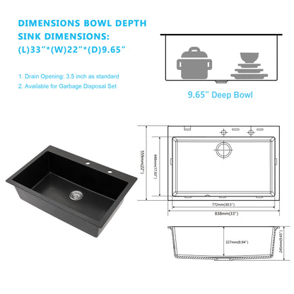 Kichae 33" x 22" Black Quartz Drop-In Single Bowl Kitchen Sink with Full Accessories