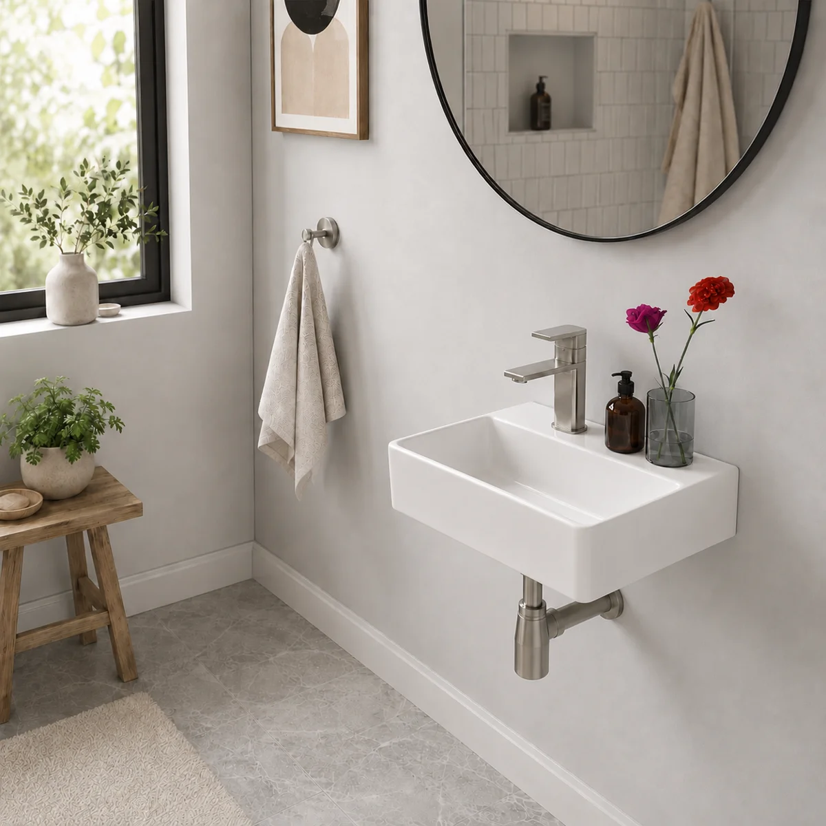 Kichae 14'' x10'' White Wall‑Mount Floating Vessel Sink Rectangular Ceramic Bathroom Vanity Sink with Faucet Hole