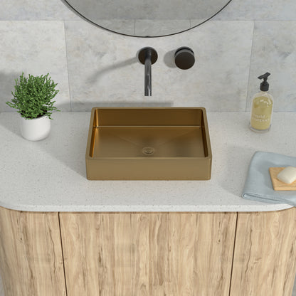 19in L X 15in W Stainless Steel Rectangular Bathroom Sink Above Couter Art Basin with Pop Up Drain-Brushed Gold