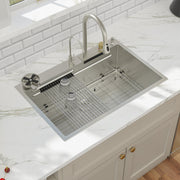 Kichae 33in  Drop In Kitchen Sink Waterfall Stainless Steel Sink Single Bowl 16 Gauge Workstation Sink Topmount Kitchen Sink With Faucet Combo And Cup Washer Kichae USA