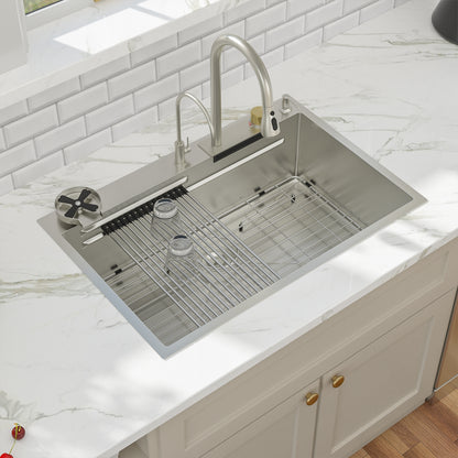 Kichae 33in  Drop In Kitchen Sink Waterfall Stainless Steel Sink Single Bowl 16 Gauge Workstation Sink Topmount Kitchen Sink With Faucet Combo And Cup Washer