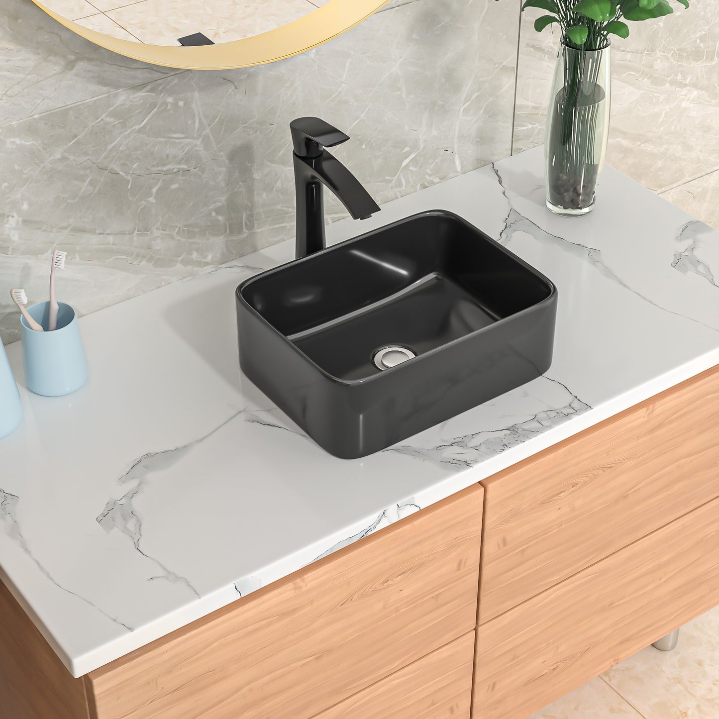 Modern Rectangular Above Counter  Black Vessel Sink - Kichae 16 x 12 Ceramic Porcelain Art Basin