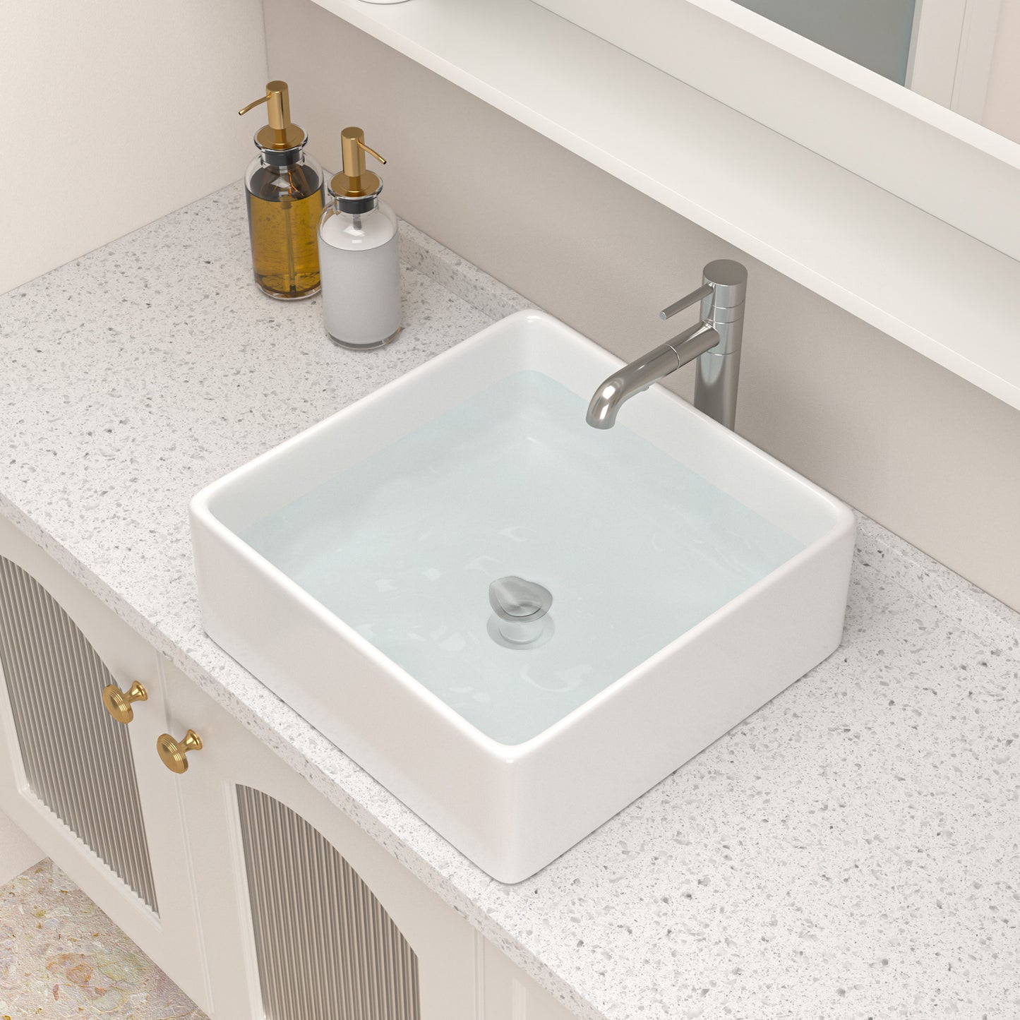 Kichae 15in x 15in x 5.5in Modern Square Above Counter White Ceramic Bathroom Vessel Vanity Sink Art Basin