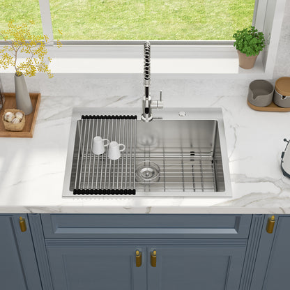 Kichae 28 Inch Drop In Kitchen Sink 28×22 Inch 16 Gauge T304 Stainless Steel Single Bowl Topmount Sink with Complete Accessories