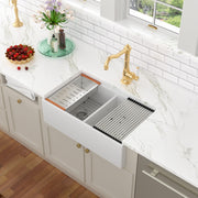 Kichae 33 Inch White Fireclay Farmhouse Workstation Sink Double Bowl Apron Front Kitchen Sink with Full Accessories Kichae USA
