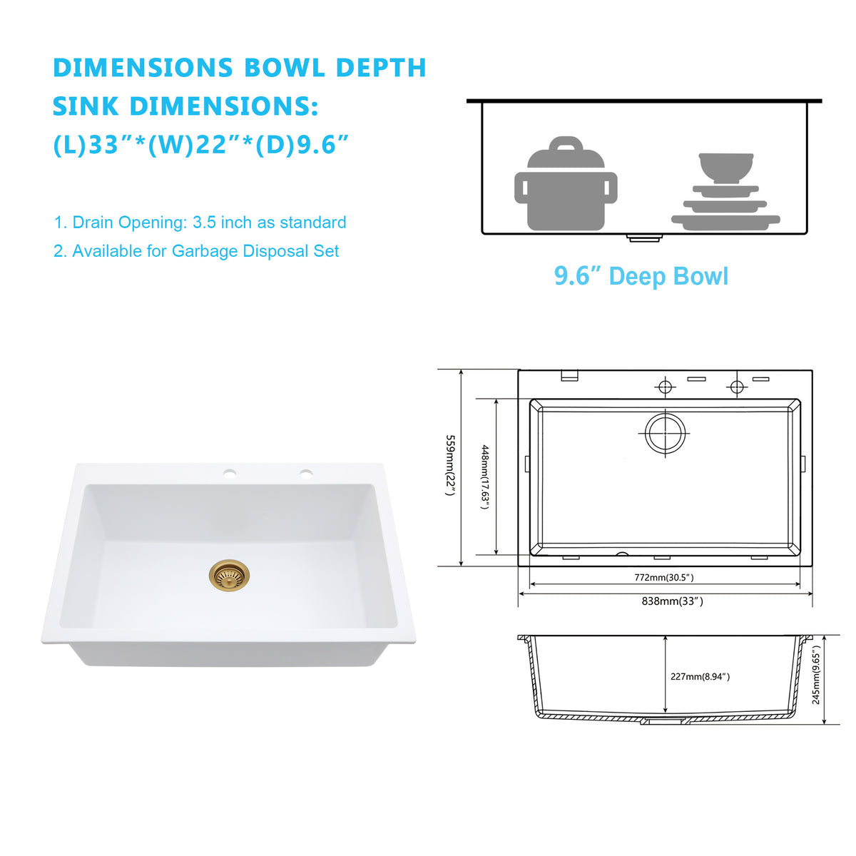 Kichae 33" x 22" White Quartz Drop-In Kitchen Sink, Single Bowl Quartz Kitchen Sink with Accessories