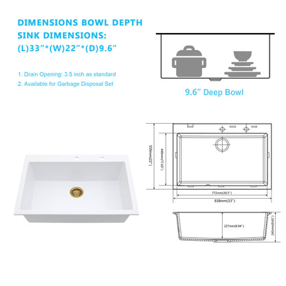 Kichae 33" x 22" White Quartz Drop-In Kitchen Sink, Single Bowl Quartz Kitchen Sink with Accessories