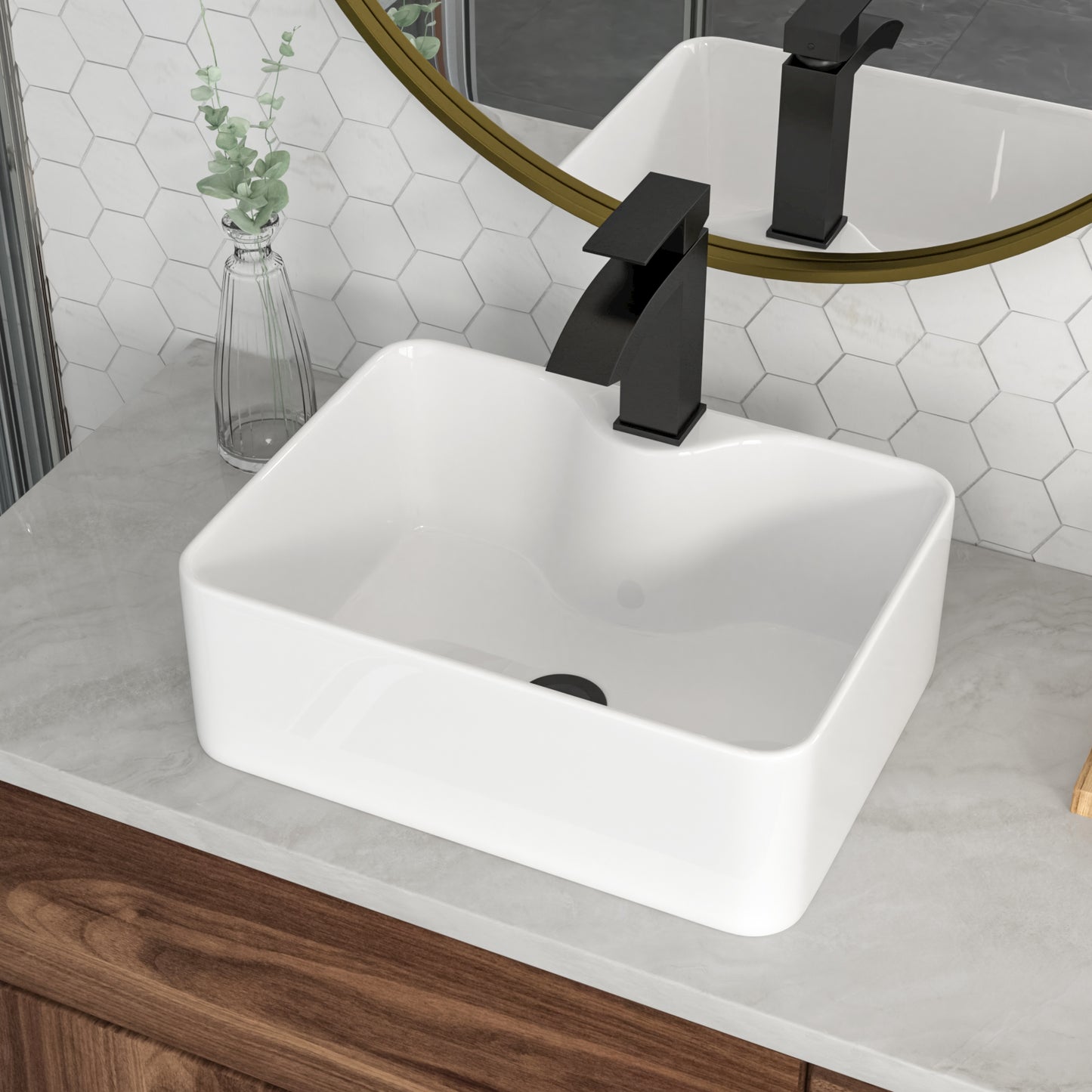 Kichae 16×12 Inch White Rectangular Ceramic Vessel Sink Complete Set with Matte Black Faucet, Pop-Up Drain & Supply Lines