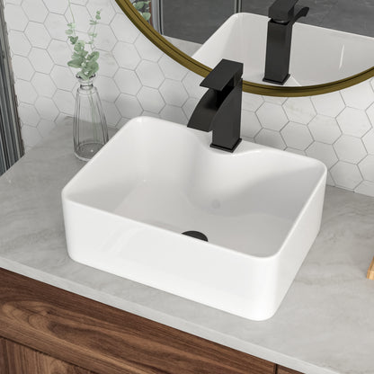 Kichae 16×12 Inch White Rectangular Ceramic Vessel Sink Complete Set with Matte Black Faucet, Pop-Up Drain & Supply Lines