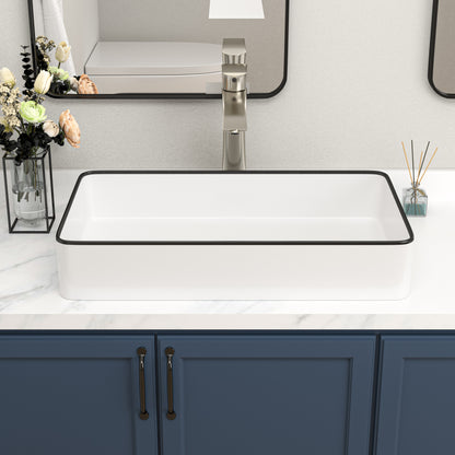 Kichae 24" x 14" White Rectangular Vessel Bathroom Sink with Black Rim, Above Counter Ceramic Vanity Sink