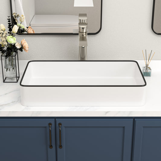 Kichae 24'' x 14'' White Rectangular Vessel Bathroom Sink with Black Rim, Above Counter Ceramic Vanity Sink